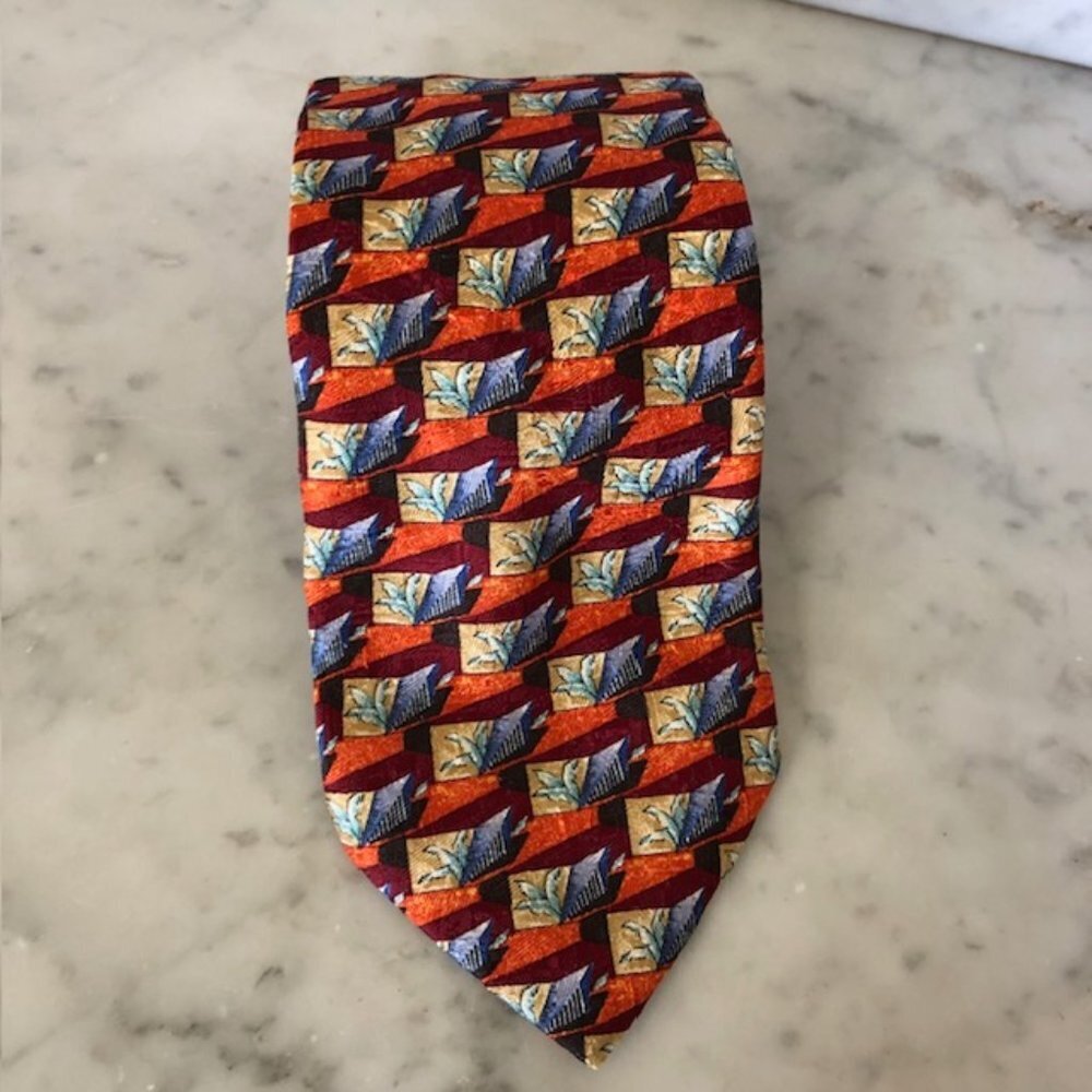 ERMENEGILDO ZEGNA Silk Leaf Geo Block Orange Blue Red Tie - Picture 3 of 15